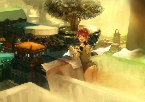 Anime picture 1300x920 with original taku (yasuzo kara henko) single blush short hair open mouth light erotic red eyes ass red hair looking back cityscape girl underwear panties plant (plants) tree (trees) building (buildings)