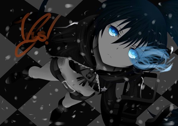 Anime picture 3035x2149 with black rock shooter black rock shooter (character) single long hair highres blue eyes black hair twintails absurdres glowing scar glowing eye (eyes) checkered floor girl gloves navel weapon shorts boots bikini top