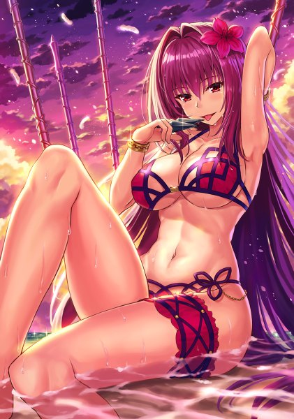 Anime picture 842x1200 with fate (series) fate/grand order scathach (fate) (all) scathach (swimsuit assassin) (fate) npcpepper single long hair tall image looking at viewer blush fringe breasts light erotic smile hair between eyes red eyes large breasts sitting bare shoulders holding