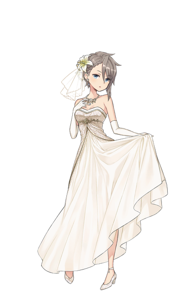 Anime picture 1300x2000 with princess principal ange (princess principal) single tall image looking at viewer blush fringe short hair breasts blue eyes hair between eyes standing bare shoulders holding full body braid (braids) parted lips hair flower grey hair official art