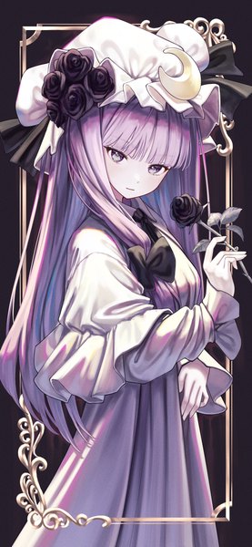 Anime picture 2160x4680 with touhou patchouli knowledge torinari (dtvisu) single long hair tall image looking at viewer fringe highres standing purple eyes holding purple hair blunt bangs black background framed girl dress flower (flowers) hat