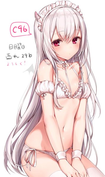 Anime picture 945x1590 with original komeshiro kasu single long hair tall image looking at viewer blush fringe breasts light erotic simple background hair between eyes red eyes white background sitting payot white hair horn (horns) underwear only text