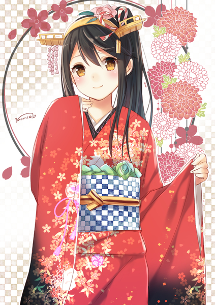 Anime picture 567x803 with kantai collection haruna battleship nunucco single long hair tall image looking at viewer blush black hair smile hair between eyes signed yellow eyes ponytail traditional clothes japanese clothes hair flower alternate costume floral print alternate hairstyle