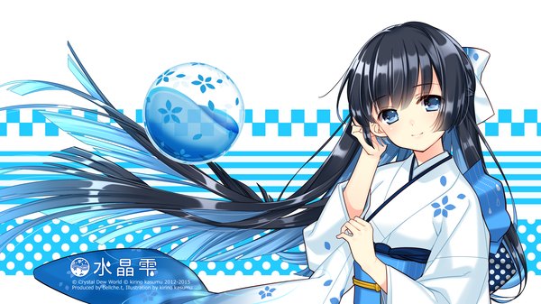 Anime picture 7680x4320 with original kirino kasumu single long hair looking at viewer highres blue eyes black hair wide image absurdres traditional clothes japanese clothes adjusting hair girl bow hair bow kimono