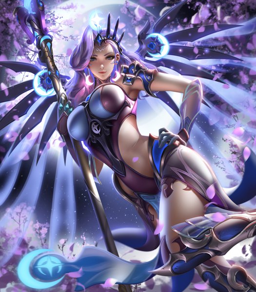 Anime picture 3500x4000 with overwatch blizzard entertainment mercy (overwatch) atlantic mercy liang xing single long hair tall image looking at viewer highres breasts blue eyes light erotic holding absurdres purple hair light smile realistic night night sky