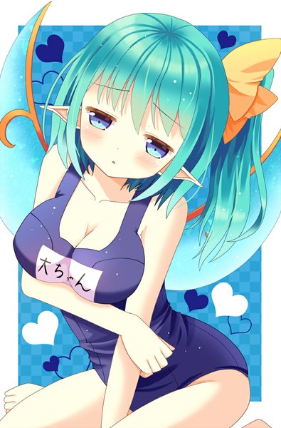 Anime picture 675x1025 with touhou daiyousei hazakura satsuki single tall image blush short hair breasts blue eyes light erotic large breasts sitting green hair pointy ears one side up looking down breast hold holding arm girl bow