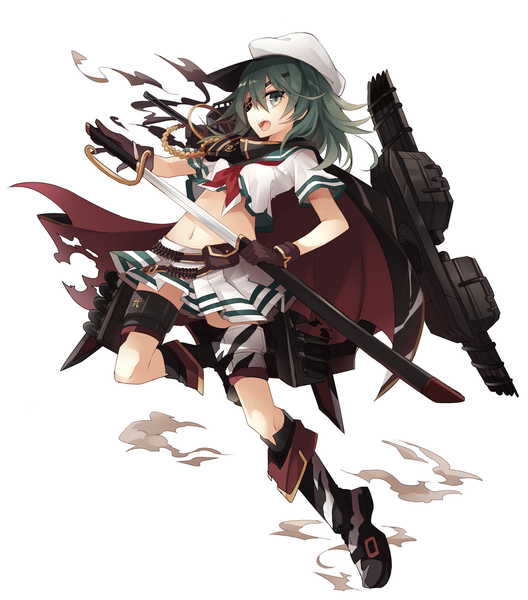 Anime picture 1200x1362 with kantai collection kiso light cruiser orqz (artist) single long hair tall image looking at viewer fringe holding green eyes pleated skirt green hair bare belly leg up remodel (kantai collection) unsheathing girl skirt gloves navel