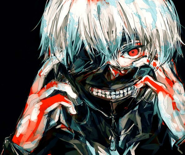 Anime picture 1076x900 with tokyo ghoul studio pierrot kaneki ken meola single looking at viewer short hair simple background red eyes silver hair fingernails black background close-up face boy blood mask