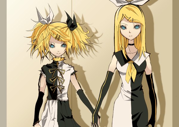 Anime picture 1200x856 with vocaloid kagamine rin kagamine rin (meltdown) bridget00747 long hair looking at viewer short hair blue eyes simple background blonde hair standing twintails multiple girls shadow holding hands short twintails serious girl gloves bow