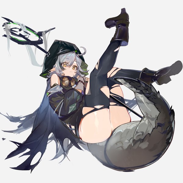 Anime picture 2500x2500 with arknights tomimi (arknights) karasu btk single highres short hair light erotic simple background white background yellow eyes silver hair full body ahoge tail animal tail multicolored hair streaked hair thighs cute crocodilian tail