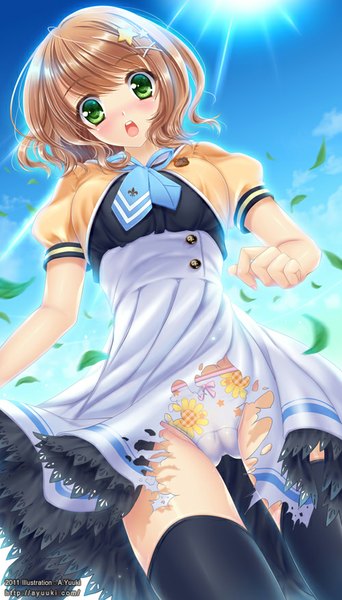 Anime picture 500x875 with original a.yuuki (au7) single tall image blush short hair open mouth light erotic brown hair green eyes sky cloud (clouds) sunlight from below pantyshot torn clothes sunbeam girl thighhighs dress