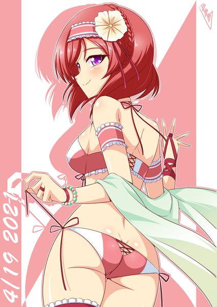 Anime picture 2480x3508 with love live! school idol project sunrise (studio) love live! nishikino maki bunji single tall image looking at viewer blush fringe highres short hair breasts light erotic smile white background purple eyes signed ass red hair
