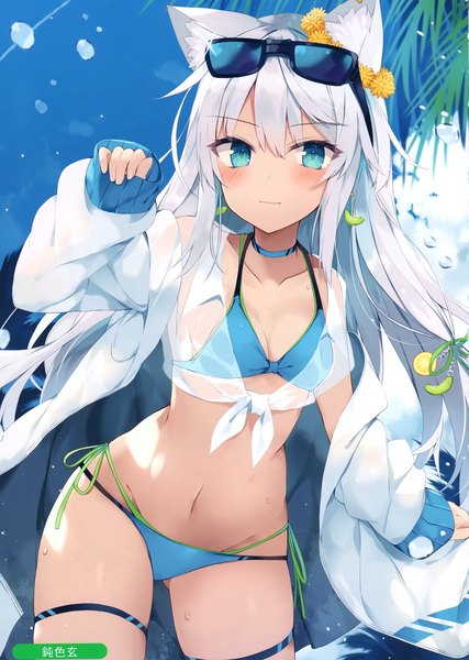 Anime picture 2105x2958 with melonbooks nibiiro shizuka single long hair tall image looking at viewer blush fringe highres breasts blue eyes light erotic hair between eyes standing signed animal ears sky cleavage silver hair cloud (clouds)