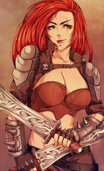 Anime picture 500x820 with league of legends katarina (league of legends) runrun single long hair tall image looking at viewer breasts green eyes red hair lips lipstick scar eyebrows red lipstick girl weapon sword bracelet spaulder (spaulders)
