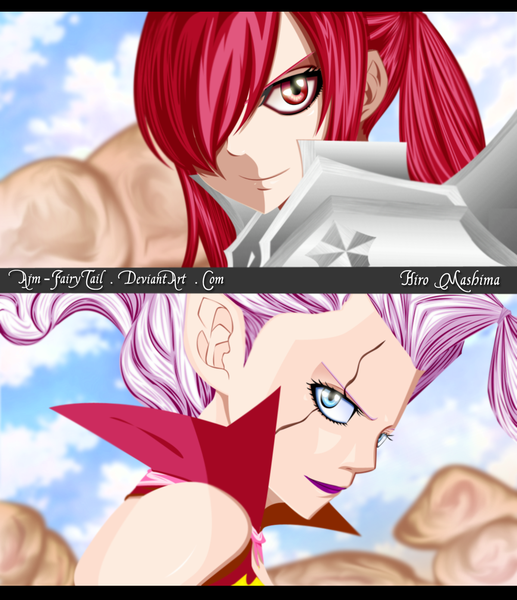 Anime picture 1200x1390 with fairy tail erza scarlet mirajane strauss ajm-fairytail long hair tall image fringe blue eyes smile red eyes multiple girls sky cloud (clouds) white hair red hair lips hair over one eye coloring multiview dust