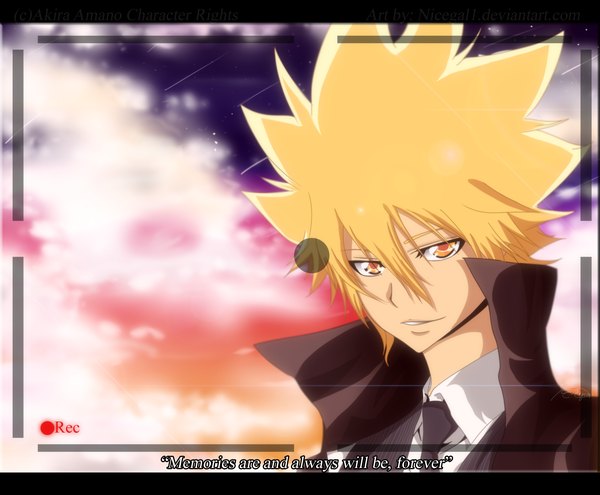 Anime picture 2000x1650 with katekyou hitman reborn vongola primo giotto nicegal1 single highres short hair blonde hair smile sky cloud (clouds) inscription orange eyes portrait boy necktie cloak suit