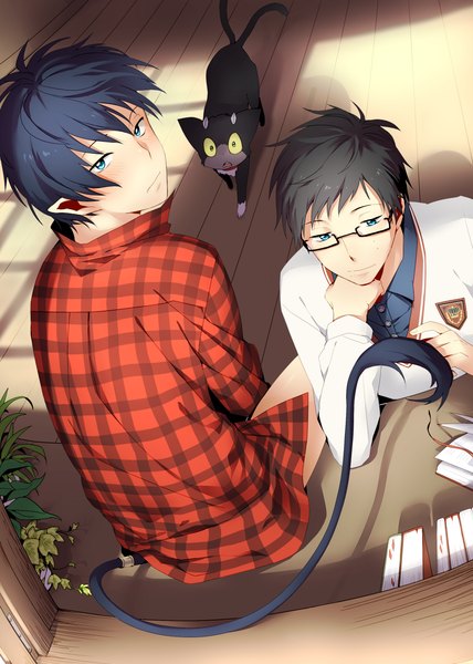 Anime picture 1000x1402 with ao no exorcist a-1 pictures okumura rin okumura yukio kuro (ao no exorcist) fumi tall image fringe short hair black hair tail aqua eyes pointy ears multiple boys shadow hand on chest demon tail boy plant (plants) animal