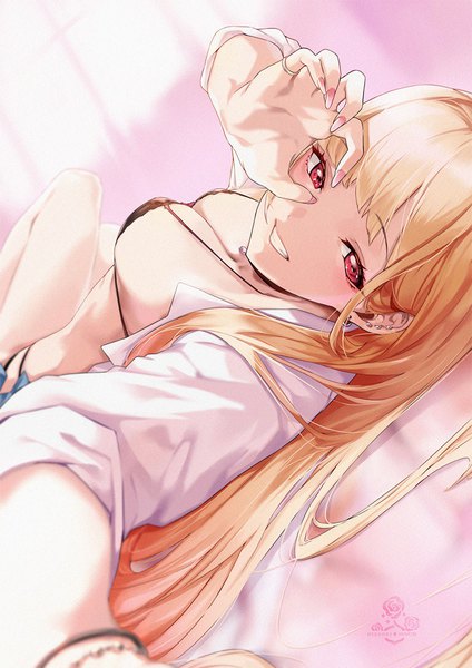 Anime picture 800x1131 with sono bisque doll wa koi wo suru cloverworks kitagawa marin ohland single long hair tall image looking at viewer breasts light erotic blonde hair smile red eyes large breasts lying on back open shirt grin piercing ear piercing