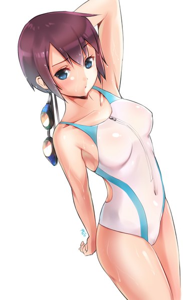 Anime picture 1200x1969 with original muto (uadocjon 21) single tall image looking at viewer blush fringe short hair breasts blue eyes light erotic simple background standing pink hair armpit (armpits) thighs shiny skin covered navel arm behind head wet clothes