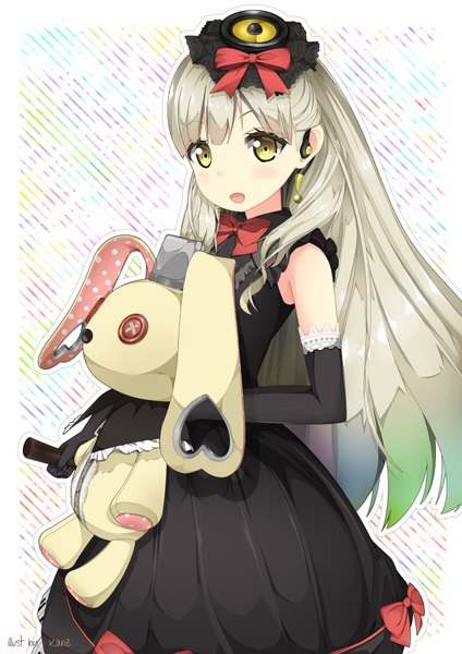 Anime picture 707x1000 with vocaloid mayu (vocaloid) usano mimi kanz single long hair tall image looking at viewer blush fringe open mouth bare shoulders holding signed yellow eyes multicolored hair grey hair inscription sleeveless border