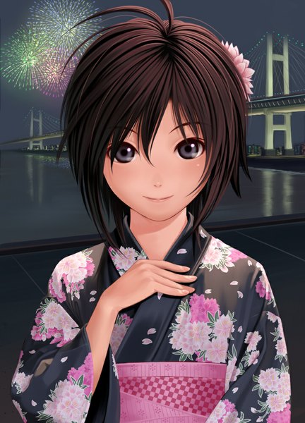 Anime picture 720x1000 with original nekopuchi single tall image looking at viewer blush short hair smile brown hair traditional clothes japanese clothes hair flower black eyes river fireworks girl hair ornament flower (flowers) kimono bridge