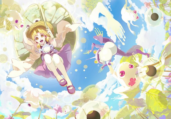 Anime picture 1711x1190 with touhou moriya suwako 119 single highres blonde hair yellow eyes sky cloud (clouds) sunlight miko jumping girl flower (flowers) plant (plants) leaf (leaves) frog