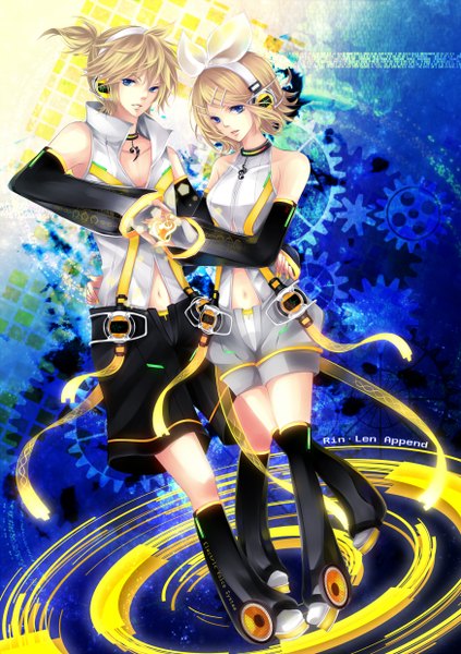 Anime picture 1748x2480 with vocaloid vocaloid append kagamine rin kagamine len kagamine rin (append) kagamine len (append) zukiyuki tall image highres short hair blue eyes blonde hair bare shoulders nail polish couple holding hands music girl boy detached sleeves