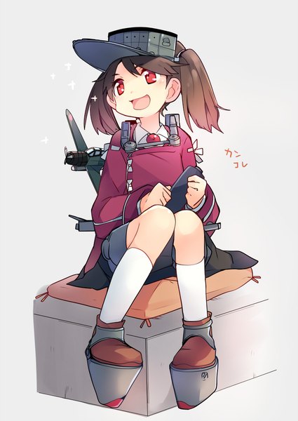 Anime picture 752x1062 with kantai collection ryuujou light aircraft carrier taneda yuuta single tall image blush short hair open mouth simple background red eyes brown hair sitting twintails looking away :d grey background short twintails girl socks white socks