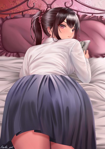 Anime picture 2481x3508 with original ronikx art single tall image looking at viewer blush fringe highres short hair light erotic red eyes brown hair large breasts holding signed payot ponytail indoors lying blunt bangs