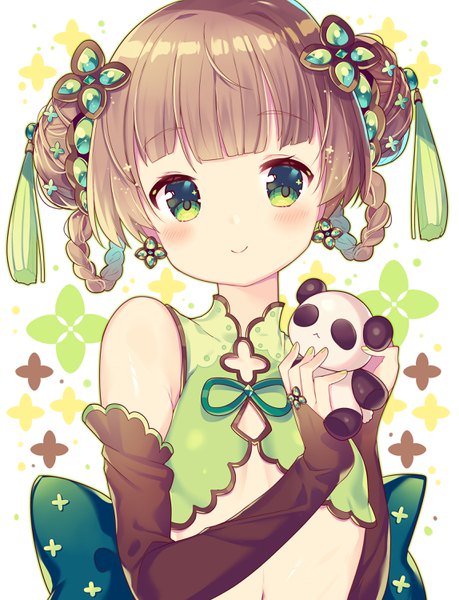 Anime picture 2294x3000 with original ikari (aor3507) single tall image looking at viewer blush fringe highres short hair simple background smile brown hair white background bare shoulders holding green eyes upper body braid (braids) nail polish traditional clothes