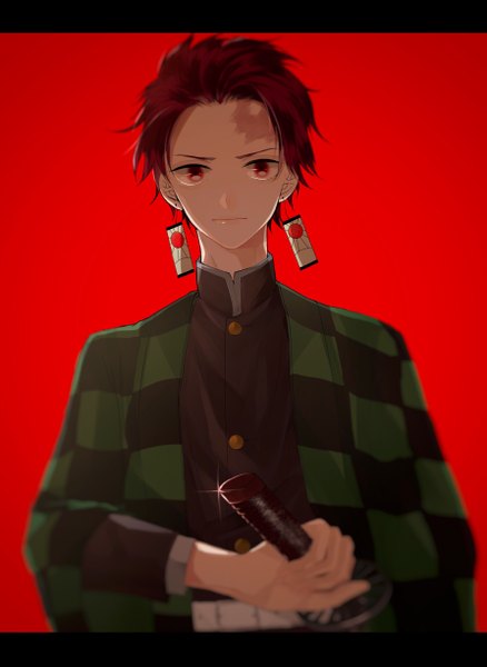 Anime picture 1786x2446 with kimetsu no yaiba ufotable kamado tanjirou hana (kyonkyon999) single tall image looking at viewer highres short hair simple background red eyes upper body red hair traditional clothes japanese clothes letterboxed scar red background checkered ready to draw