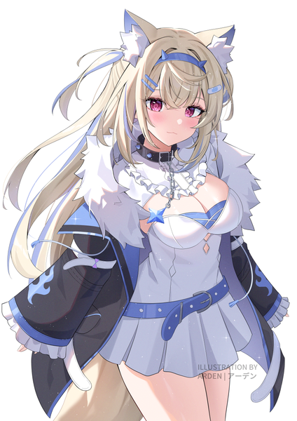 Anime picture 842x1191 with virtual youtuber hololive hololive english fuwawa abyssgard fuwawa abyssgard (1st costume) ardenlolo single long hair tall image blush fringe breasts light erotic simple background blonde hair hair between eyes large breasts standing white background signed