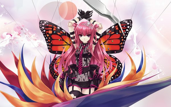 Anime picture 1280x800 with beatmania beatmania iidx umegiri ameto misaki kurehito cradle (artist) long hair wide image pink hair pink eyes wallpaper arms behind head insect wings butterfly wings cropped girl thighhighs gloves flower (flowers) black thighhighs wings
