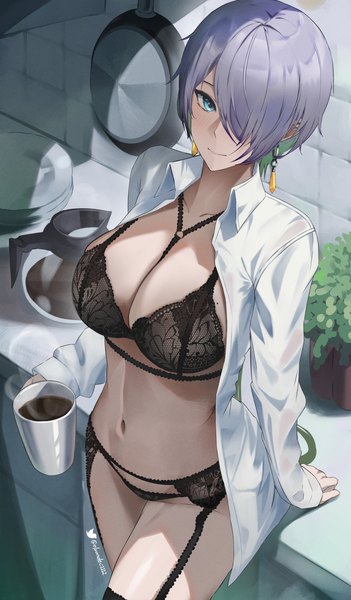 Anime picture 1974x3379 with goddess of victory: nikke brid (nikke) elvandec single tall image looking at viewer fringe highres short hair breasts blue eyes light erotic smile large breasts standing holding purple hair indoors long sleeves from above
