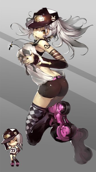 Anime picture 720x1280 with original bebe1999 long hair tall image open mouth light erotic yellow eyes white hair chibi girl thighhighs shorts cross flat cap roller skates