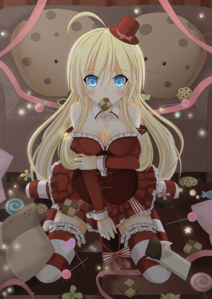 Anime picture 2160x3040 with noucome chocolat (noucome) tsukaze single long hair tall image looking at viewer blush highres blue eyes blonde hair bare shoulders girl thighhighs dress bow ribbon (ribbons) detached sleeves food sweets