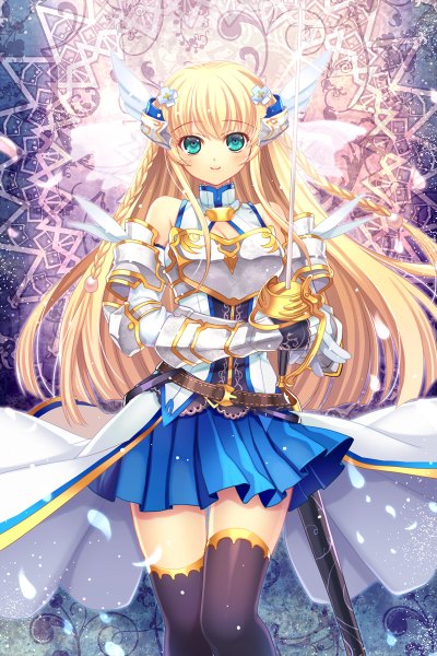 Anime picture 800x1200 with original capura lin single long hair tall image blush blue eyes blonde hair smile girl thighhighs dress gloves hair ornament weapon black thighhighs petals sword elbow gloves armor