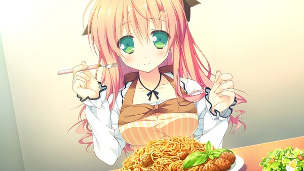 Anime picture 1280x720 with clover day's rindo tsubame chikotam single long hair looking at viewer blush smile wide image green eyes pink hair game cg girl dress food