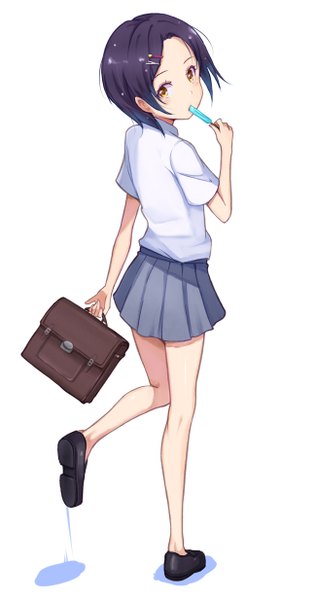 Anime picture 650x1234 with original purea single tall image short hair black hair simple background white background yellow eyes looking back from above girl uniform school uniform food sweets school bag ice cream