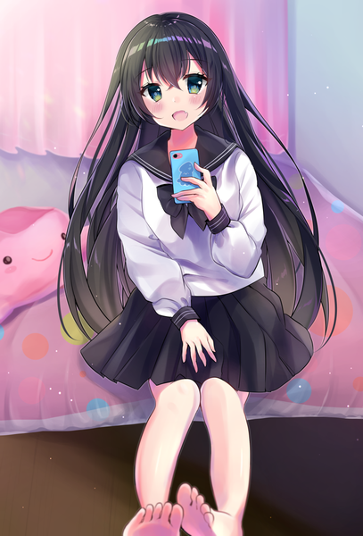 Anime picture 864x1273 with original minami saki single long hair tall image looking at viewer blush fringe open mouth black hair hair between eyes sitting holding green eyes payot full body indoors :d pleated skirt barefoot