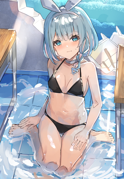 Anime picture 1100x1592 with blue archive arona (blue archive) the olphy single tall image looking at viewer blush short hair breasts blue eyes light erotic sitting blue hair braid (braids) from above partially submerged wariza side braid sweatdrop girl