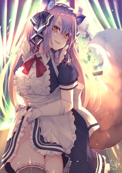 Anime picture 1417x2000 with original chita (ketchup) single long hair tall image looking at viewer blush fringe light erotic smile hair between eyes brown hair signed animal ears silver hair indoors tail head tilt animal tail sunlight