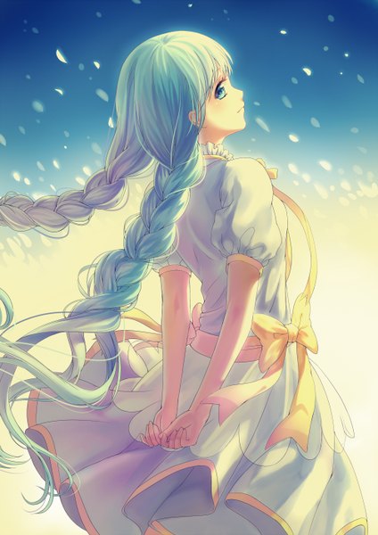 Anime picture 1000x1414 with original haneru single long hair tall image blush fringe blue eyes smile standing blue hair braid (braids) looking back from behind twin braids hands behind back girl dress bow ribbon (ribbons)