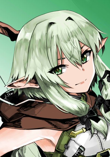 Anime picture 1120x1600 with goblin slayer! high elf archer (goblin slayer!) fitz (fita is the smartest) single long hair tall image looking at viewer fringe simple background smile hair between eyes green eyes signed payot green hair pointy ears armpit (armpits) portrait elf tress ribbon