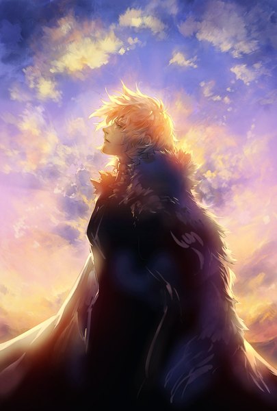 Anime picture 1378x2039 with fire emblem fire emblem: three houses nintendo dimitri alexandre blaiddyd kin mokusei single tall image fringe short hair blue eyes blonde hair hair between eyes standing looking away cloud (clouds) outdoors profile sunlight boy cape