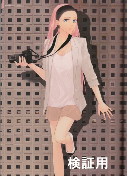 Anime picture 1000x1387 with vocaloid megurine luka yunomi (yunomi imonuy) single long hair tall image open mouth blue eyes pink hair open clothes open jacket girl headband camera