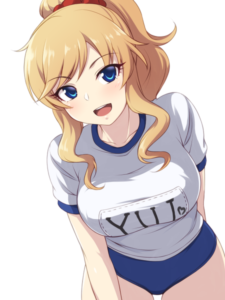 Anime picture 600x800 with idolmaster idolmaster cinderella girls ootsuki yui pataniito single long hair tall image looking at viewer blush fringe breasts open mouth blue eyes light erotic simple background blonde hair smile large breasts white background payot
