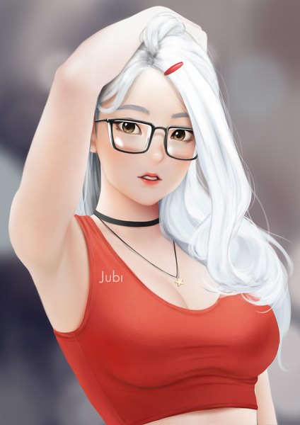 Anime picture 2480x3508 with original mio (jubi) jubi (regiana) single long hair tall image looking at viewer highres breasts light erotic large breasts brown eyes signed white hair parted lips arm up armpit (armpits) lipstick red lipstick girl