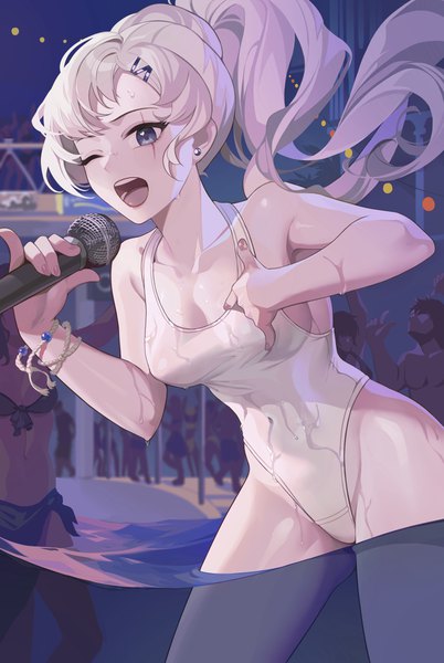 Anime picture 3216x4800 with rwby rooster teeth weiss schnee wangxiii long hair tall image looking at viewer fringe highres breasts open mouth blue eyes light erotic standing holding absurdres outdoors white hair ponytail nail polish