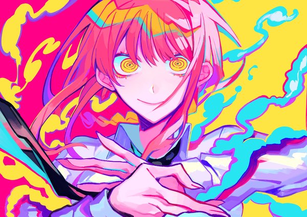 Anime picture 2048x1448 with chainsaw man mappa makima (chainsaw man) himanemuitoma single long hair looking at viewer fringe highres simple background smile hair between eyes yellow eyes payot pink hair upper body blunt bangs braid (braids) fingernails floating hair